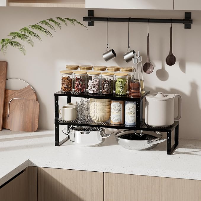 Expandable Spice Rack & Kitchen Cabinet Organizer - Stackable, Adjustable Shelves for Cabinets, Countertops, Cupboards & Pantries(2 Packs/Large/Black)