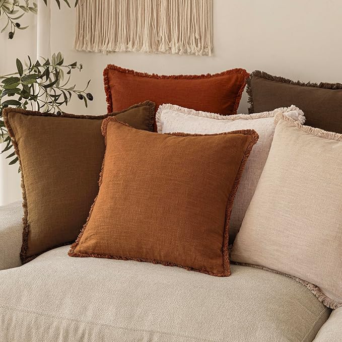 Foindtower Set of 2 Decorative Linen Fringe Throw Pillow Covers Cozy Boho Farmhouse Cushion Cover with Tassels Soft Accent Pillowcase for Couch Sofa Bed Living Room Home Decor, 16×16 Inch, Orange