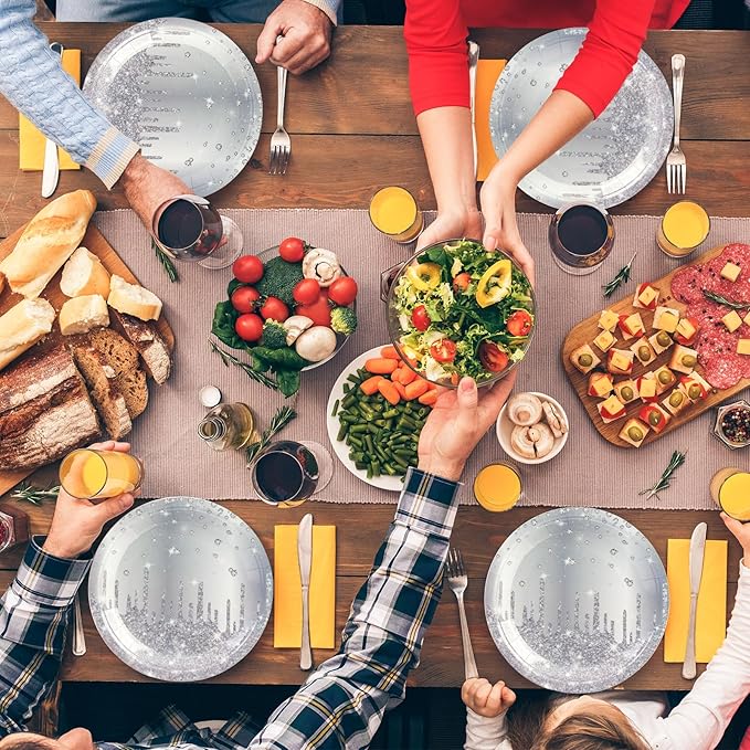 50PCS Silver Glitter Paper Plates - 7inch Silver Diamond Birthday Dessert Plate for Cake Salad Pizza Disposable plates Supplies for Girls Women Mermaid Anniversary Birthday Wedding Theme Party