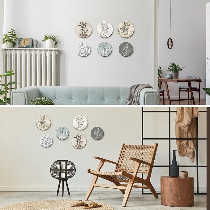 Barydat 6 Pieces Boho Plant Wall Art Decor Wooden Boho Farmhouse Rustic Bohemian Wall Hanging for Bedroom Living Room Office(Round,8 Inch, 10 Inch)