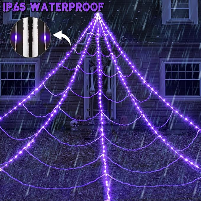 Halloween Spider Web Lights 250 LED Lighted Spider Web Giant 16.4Ft Halloween Decorations Light up with 8 Lighting Modes Waterproof & Timer for Outdoor Indoor Yard Haunted House Decor, Purple