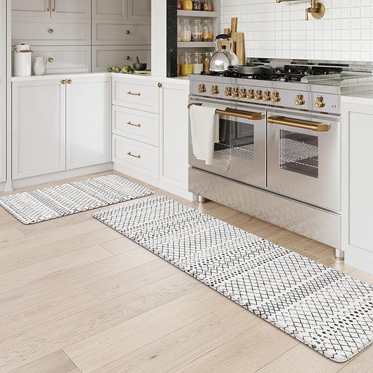 KIMODE Anti Fatigue Kitchen Mat for Floor, 20"x59"+20"x32" Kitchen Rugs Set of 2, Non Slip Kitchen Floor Mats Cushioned, Comfort Mats for Kitchen Floor Sink Laundry Office Desk Black and White