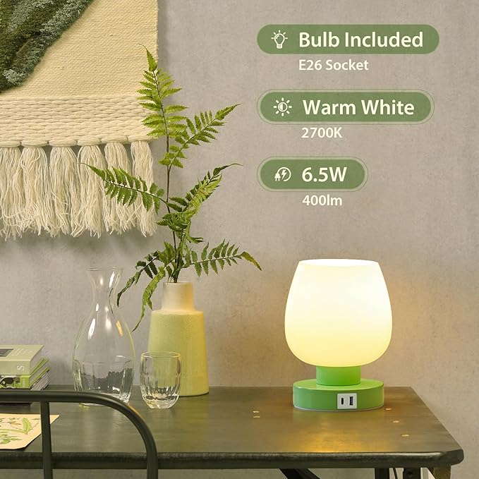 ONEWISH Touch Bedside Table Lamp with USB Charging - 3 Way Dimmable Small Glass Lamp for Bedroom, 2700K LED Bulb Included, Green, 2 Packs