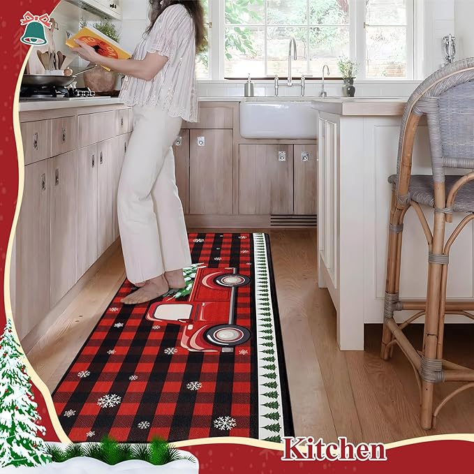 SHACOS Christmas Kitchen Rugs Set of 2 Anti-Fatigue Kitchen Mats Cushioned Red Plaid Christmas Truck Kitchen Rugs Buffalo Checker Kitchen Mats and Rugs for Xmas 17"x27.5"+17"x47"