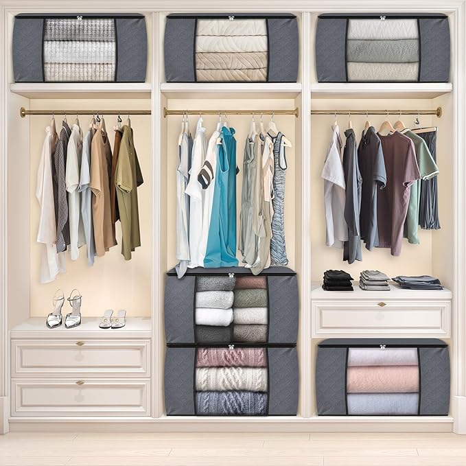 Fab totes 90L Clothes Storage, Foldable Thick Fabric Blanket Storage Bags, Containers for Organizing Bedroom, Closet, Clothing, Comforter, Organization with Handle (8 Pack,Grey)