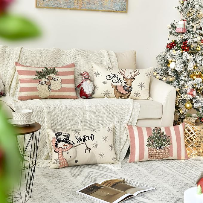 AVOIN colorlife Pink Christmas Snowman Reindeer Gloves Eucalyptus Throw Pillow Covers, 12 x 20 Inch Winter Holiday Stripes Cushion Case Decoration for Sofa Couch Set of 4