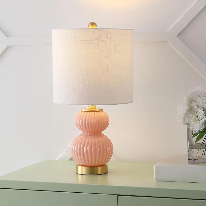 JONATHAN Y JYL1099B Daphne 20" Contemporary Transitional Metal/Glass Ribbed Gourd LED Table Lamp Bedroom, Living Room, Office, Dining Room, Pink/Brass Gold