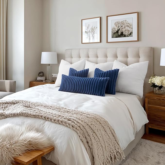 MIULEE Faux Fur Decorative Throw Pillow Covers 20x20 Inch Set of 2, Coastal Modern Art Home Decor Soft Plush Couch Pillows Cozy Fluffy Cushion Covers for Sofa Bed Navy Blue