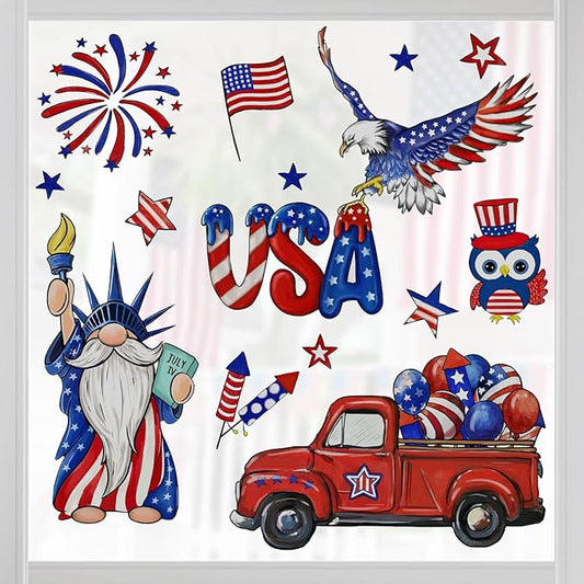 Yovkky 4th of July USA The Statue of Liberty Window Clings 4 Sheets, Patriotic America Red Truck Eagle Owl Stickers Decals Decor, American Fireworks Balloons Stars Stripes Home Kitchen Decorations
