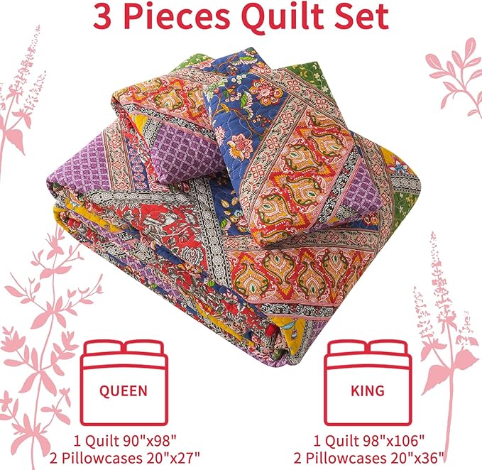 VAPUTAR Cotton Quilt Queen Size Set, Quilted Bedspread Coverlet (90 * 98 Inch) with 2 Pillowcovers, 3 Pieces Lightweight Farmhouse Style with Patchwork Design Queen Quilt Bedding Set for All Season
