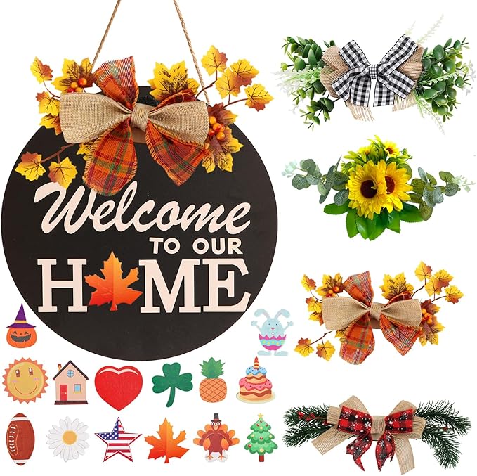 Interchangeable Welcome Sign for Front Door Decoration with 4 Seasonal Wreaths and 14 Holiday Icons, Black Welcome Door Hanger, Rustic Wooden Front Porch Sign Home décor(Black)