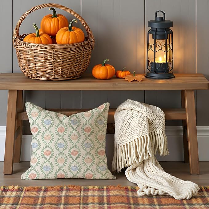 Fall Decorative Throw Pillow Covers 18x18 Inch Set of 2 Blue Orange Pumpkin Green Scalloped Pastel Outdoor Cottage Autumn Decor Pillows Cases Grandmillennial Decorations for Home Room Couch