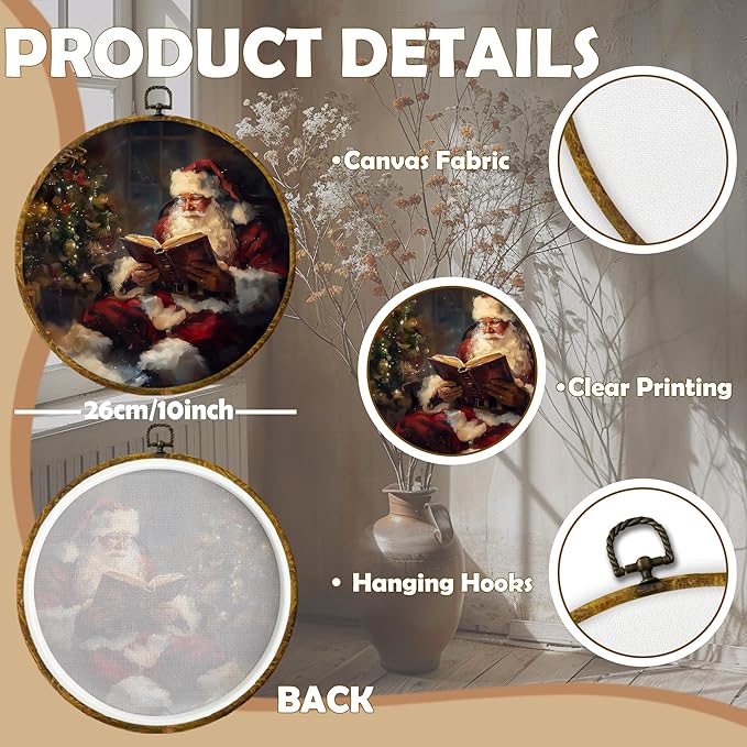 CUANFDDSF Vintage Christmas Santa Reading Round Wall Art Decor, Cozy Xmas Tree Santa Claus Holiday Wall Hanging Frame Decor, Winter Christmas Canvas Prints Decorations for Home Bedroom, 10x10 Inch