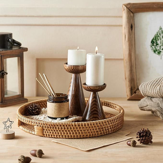 JUNGLE CULTURE Large Rattan Serving Tray 14" in Natural Honey • Round Table Basket • Wicker Ottoman Trays with Handles for Coffee Table, Bed Side or Couch • Flat Circle Woven Tray • Boho Farmhouse
