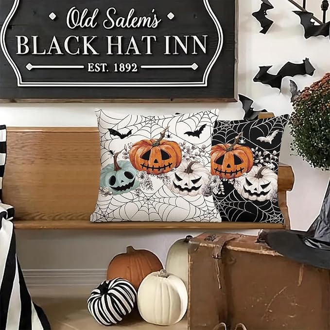 Baccessor Halloween Pillow Cover 18x18 Inch, Pumpkins Bats Spider Web Pillow Case Halloween Decor for Cushion Sofa Couch Indoor Outdoor Decoration 1 Piece