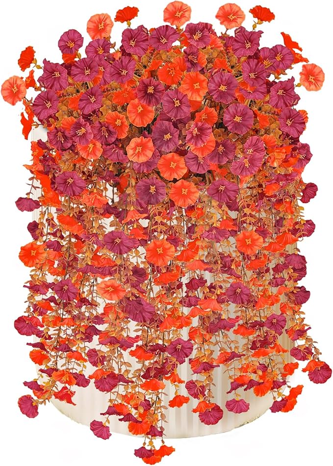 4 Pcs Artificial Hanging Flowers for Outdoor Fall Decoration, 4 Pcs Fake Fall Morning Glory Flowers UV Resistant Faux Petunias for Home Front Door Patio Decor (Dark Red Orange)