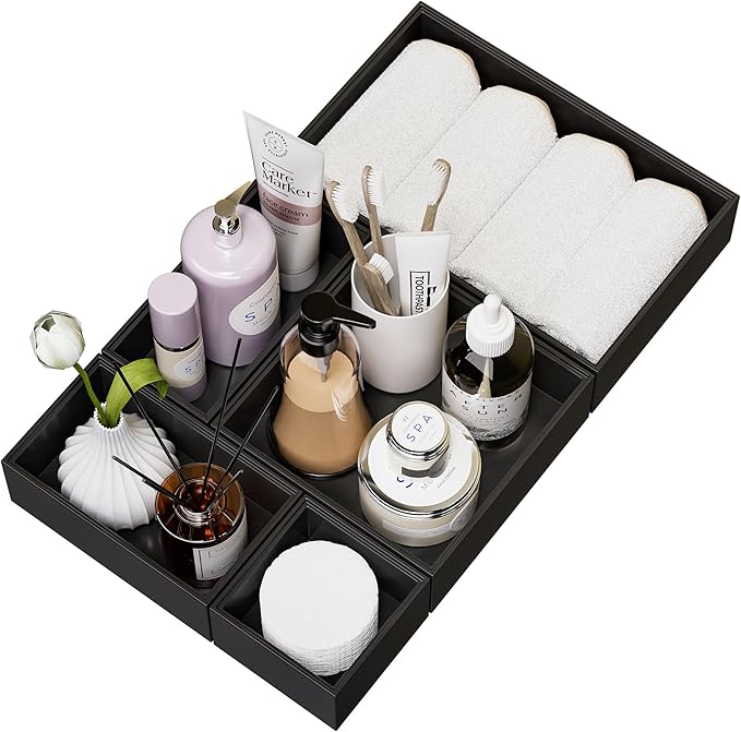 Bamboo Drawer Organizer Set, 5 PCS Multi-use Varied Sizes Junk Drawer Organizer Kitchen Storage Box for Office, Home, Bedroom, Bathroom, Black