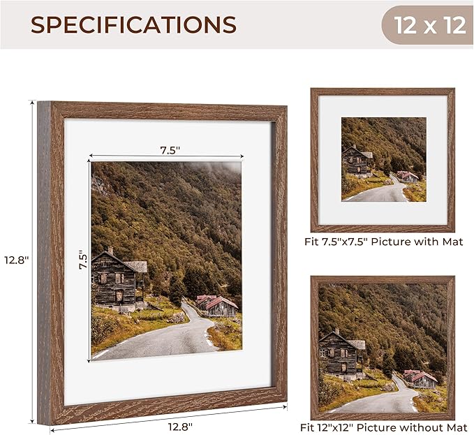 12x12 Picture Frames, Natural Oak Wood Frame 12 x 12 for Wall, 12x12 Frame Matted to 8x8, Rustic Wood Square Frame 12 by 12 with Real Glass, Walnut Color, Set of 4