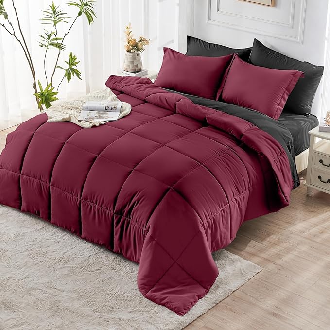 JOLLYVOGUE Twin XL Comforter Set, Ultra-Soft Bed in a Bag Twin XL Size 5 Pieces, Oeko-TEX Certified Bedding Set with Down Alternative Comforter, Sheets, Pillowcases & Shams, Burgundy & Black