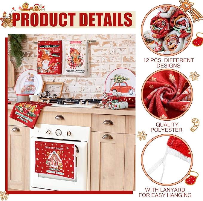 12 Pcs Christmas Kitchen Towels and Dishcloths Absorbent Christmas Tree Reindeer Truck Hand Dish Towels Decoration for Xmas Home Gift Supplies, 14.2 x 21.3 Inch(Classic Style)