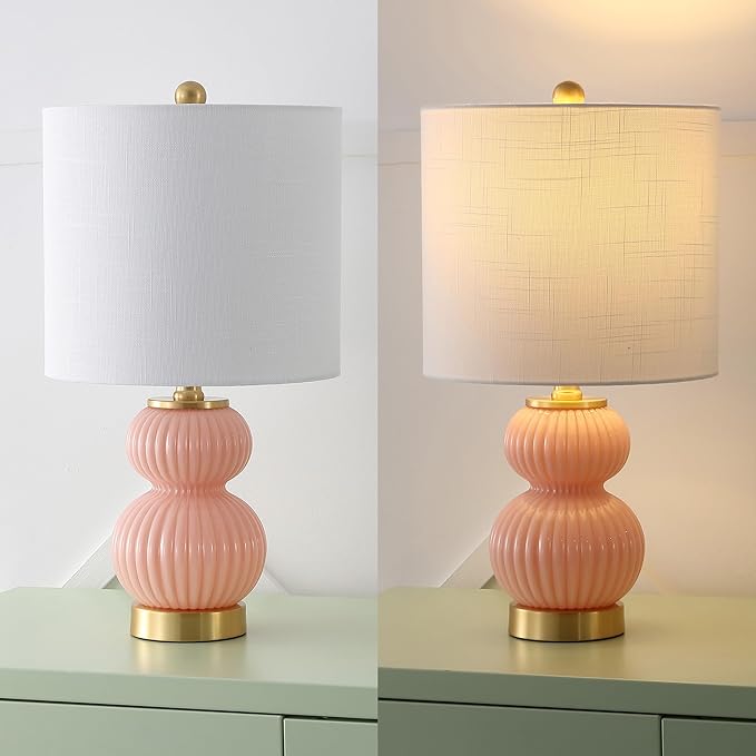 JONATHAN Y JYL1099B Daphne 20" Contemporary Transitional Metal/Glass Ribbed Gourd LED Table Lamp Bedroom, Living Room, Office, Dining Room, Pink/Brass Gold