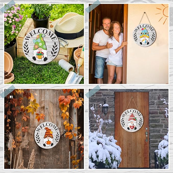 Qunclay Interchangeable Wooden Gnome Decor Holiday Seasonal Gnome Decorations with Magnet Pieces and Detachable Hats Changeable Welcome Sign for Home (Grey and White)