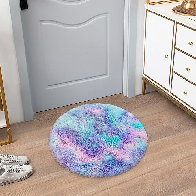 Tie Dye Rainbow Round Rugs Small 2x2 ft Fluffy Circle Rug Furry Carpet Shaggy Circular Fuzzy Plush Area Rug for Girls Bedroom Kids Room Nursery Cute Room Decor Chair Cushion Pet mat Doormat