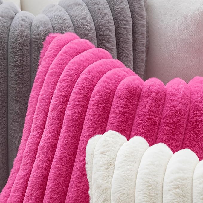 MIULEE Faux Fur Lumbar Decorative Throw Pillow Covers 12x20 Inch Set of 2, Retro Vintage Boho Home Decor Soft Plush Couch Pillows Cozy Fluffy Cushion Covers for Sofa Bed Hot Pink