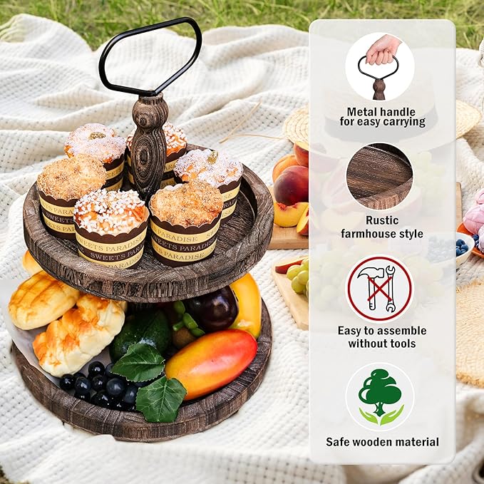 Mustry Rustic Wooden 2 Tiered Tray, Round Farmhouse Kitchen Table Decor Serving Tier Tray, Food Fruits Cupcake Display Coffee Bar Home Party Seasonal Decorations (Brown)