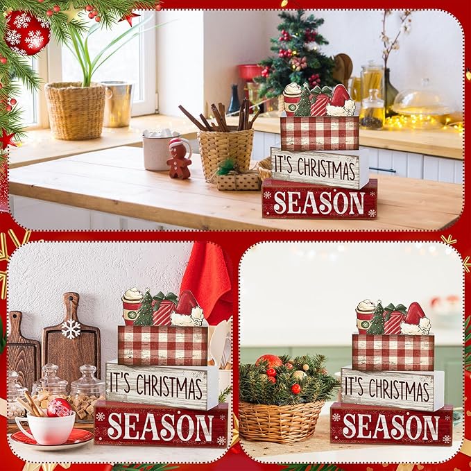4 Pcs Wooden Christmas Tabletop Decor Xmas Tiered Tray Decor Winter Centerpiece Decorative Santa Hat Hot Cocoa Gift Box Tree Block Signs Gift Farmhouse Table Decoration for Home Kitchen