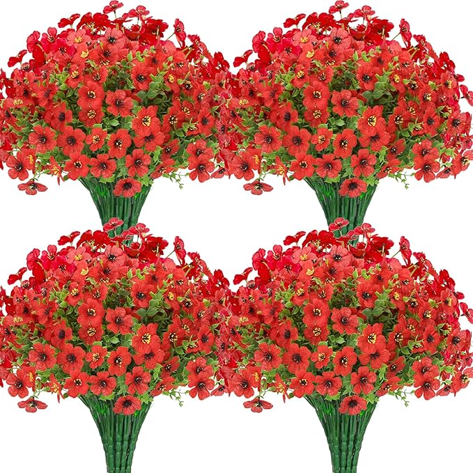 24 Bundles Artificial Flowers for Outdoors Decorations, Fake Flowers Artificial Plants Outdoor, Colorful Daisy Eucalyptus Realistic UV Resistant for Garden Patio Porch Home Decor, Red