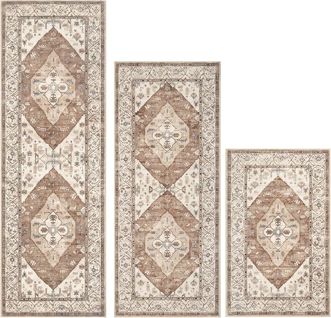 Pauwer Kitchen Mats for Floor 3 Piece Set Boho Non Slip Kitchen Rugs Washable Farmhouse Kitchen Floor Mats Thick Long Kitchen Throw Area Rug Carpet Runner for Hallway Laundry Bathroom, Caramel
