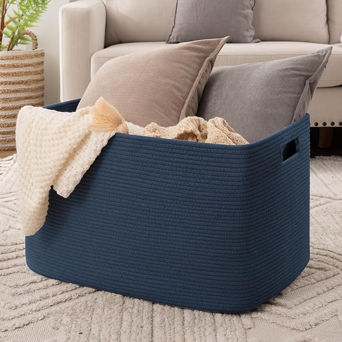 OIAHOMY 118L XXXLarge Cotton Rope Storage Basket, Oversized Blanket Basket, Used for Organizing Dirty Clothes in Living Room, Bedroom, Nursery, Dog Toy Storage Bins, 25" x 17" x 16",Blue