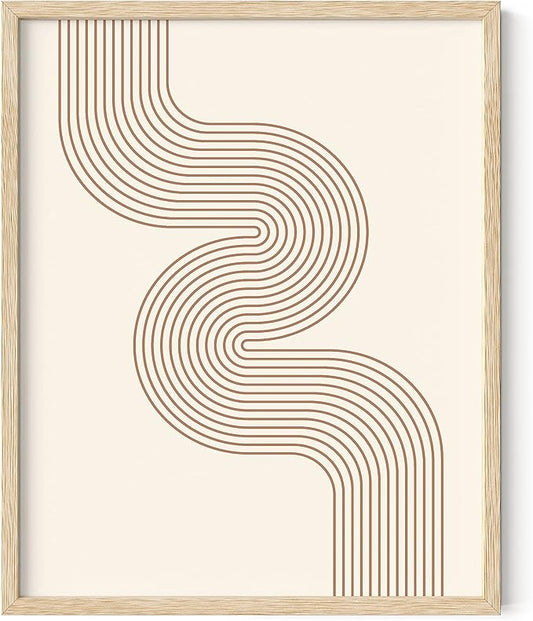 HAUS AND HUES Line Art Mid Century Modern Wall Decor - Boho Prints Wall Art Abstract Geometric Wall Decor Line Art Prints Modern Boho Art Snaking River from Top Left (Beige Framed, 16x20)