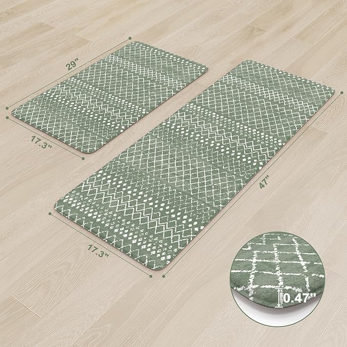 KIMODE Kitchen Mats for Floor Anti Fatigue, Green Boho Kitchen Rugs Sets of 2, Cushioned Kitchen Floor Mats, Comfort Standing Mat for Sink Laundry Office Desk 17"x47"+17"x29"