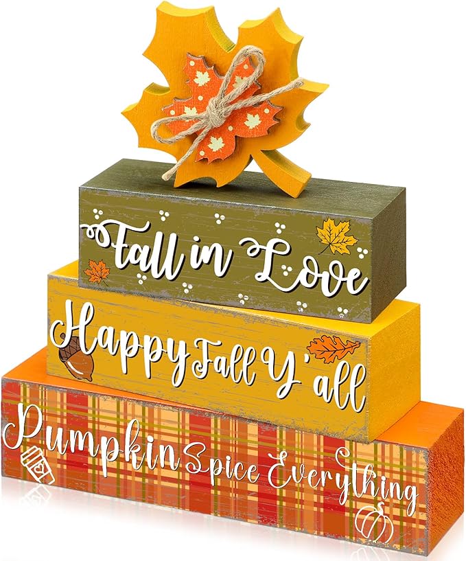 Geelin 4 Pcs Fall Decorations Autumn Wooden Sign Maple Leaves Thanksgiving Pumpkin Table Centerpiece Tiered Tray Decor Fall Wood Blocks Tiered Tray Decor Table Top Sign for Home