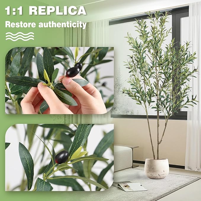 Faux Olive Tree 6.56ft(78in) Tall Artificial Plant Indoor Decor Large Realistic Potted Fake Modern Greenery with Natural Wood Branches and Green Leaves for Home Living Room,Bedroom,Office Decor