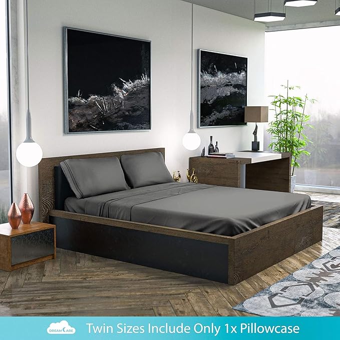DREAMCARE Twin Sheets - 3pcs Cooling Sheets up to 21' Extra Deep Pocket Twin Bed Sheets - Twin Sheet Set - Soft & Long Lasting 100% Fine Brushed Polyester with Side Pocket - DGray