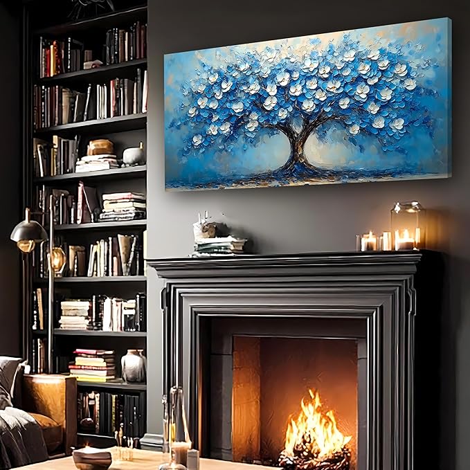 Abstract Wall Art Canvas Print Tree of Life Painting Blue Bathroom Decor Paintings Modern Style Living Room Bedroom Office Home Kitchen Decor Nature Landscape Artwork Wooden Frame 20x40 inches