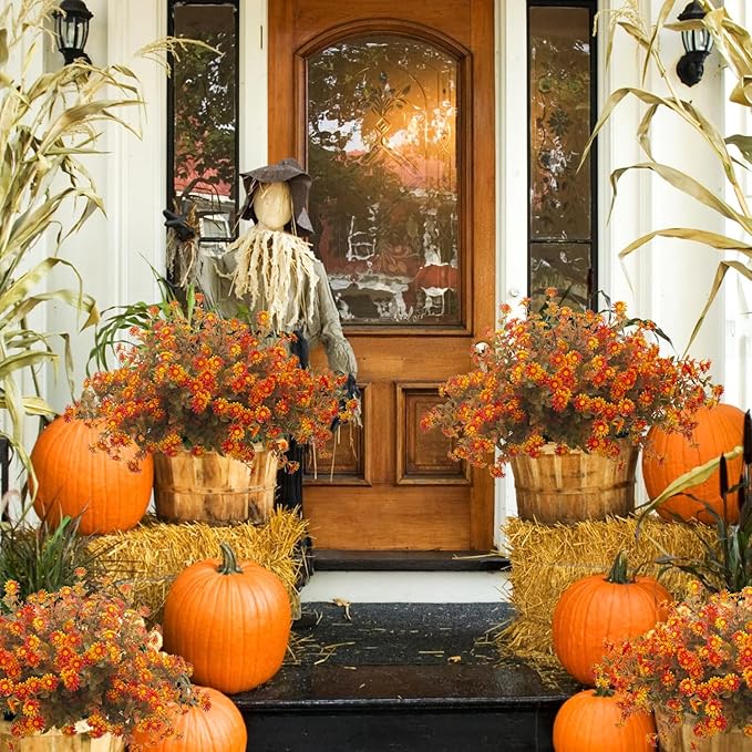 12 Bundles Artificial Fall Flowers for Outdoors Fake Plants - Faux Outside Greenery Boxwood No Fade Plastic Shrubs Decor Farmhouse Home Garden Thanksgiving (Fall Red)