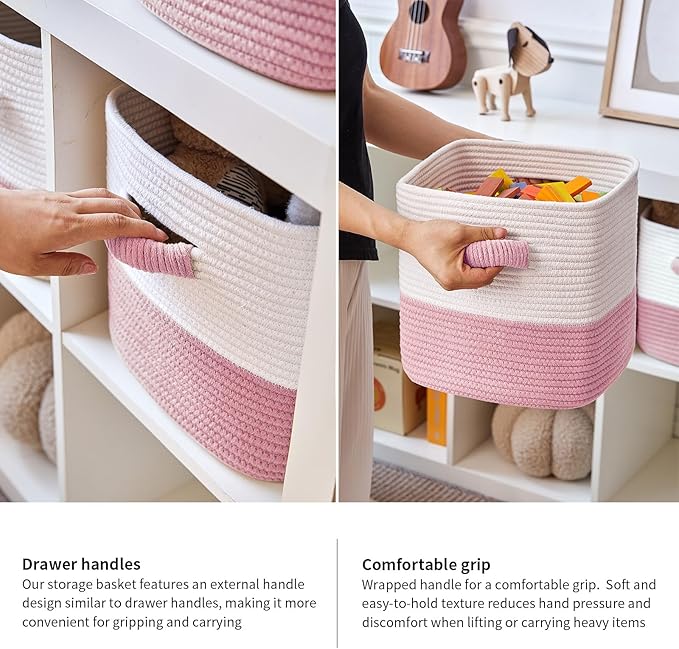 Storage Cube Baskets for Organizing 11 inch-3 Pack- Square Baskets for Cube Storage, Closet Storage Bins - Woven Cube Storage Bins for Shelves- Cube Drawer- Ideal for Toy Storage White & Pink