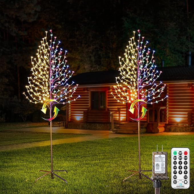 Lomotech Lighted Cherry Blossom Tree - 2 Pack 6Ft Color Changing Artificial Tree with 11 Modes Timer for Indoor Outdoor Party Holiday Christmas Decorations(Warm White to Multicolor)