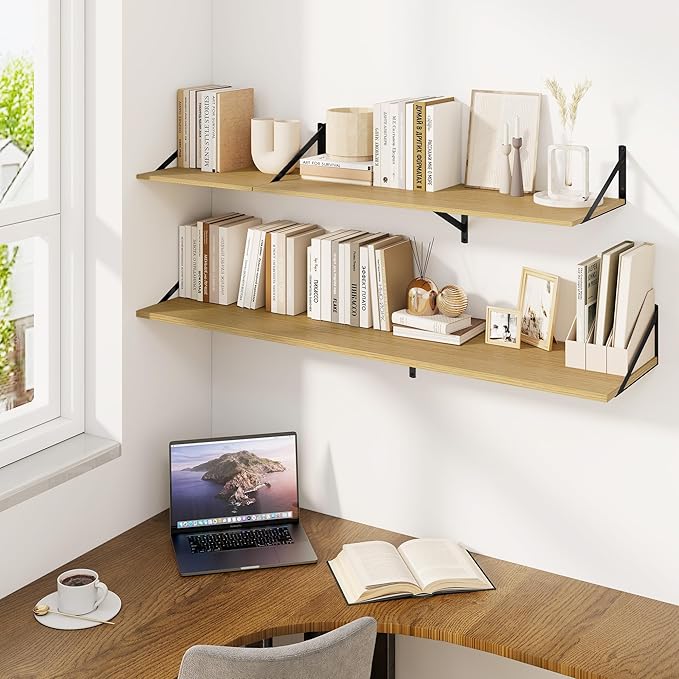 Fun Memories Floating Shelves for Wall, 12 Inch Deep Floating Shelves Set of 2, 48W x 12D Large Wall Shelf with Sturdy Metal Brackets for Living Room, Bathroom, Bedroom and Kitchen, Oak