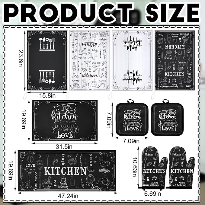 10 Pcs Farmhouse Kitchen Decor Sets, 4 Kitchen Dish Towels 2 Pot Holders 2 Oven Mitts Glove Rustic Black Non Slip Rugs and Mats for Floor Home Decorations Accessories Christmas Mom Gifts