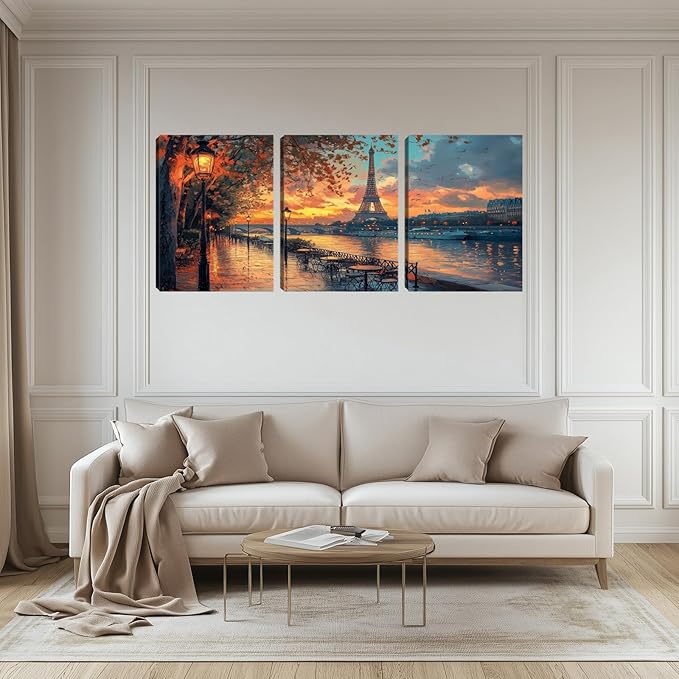 3 Pieces Paris Eiffel Tower Decor Wall Art Canvas Paintings Picture Posters Prints Landscape Wall Art Decor for Living room Bedroom Home Office Wall Decor Framed Wall Art (36''W x 16''H)
