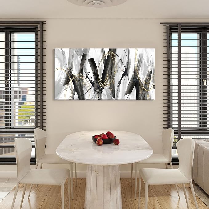 AJAZIKO Abstract Wall Art for Living Room - Large, Black and Gold Wall Art Decor, Office Pictures, Modern Artwork Paintings, Black and White Wall Decor - Ideal for Bedroom and Office Decorations