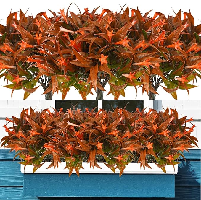 Uieke 12Pcs Artificial Fall Flowers for Outdoors UV Resistant Fake Fall Flowers Plastic Morning Glory Fall Plants Shrubs for Home Outside Window Box Planter Fall Décor (Autumn Red)