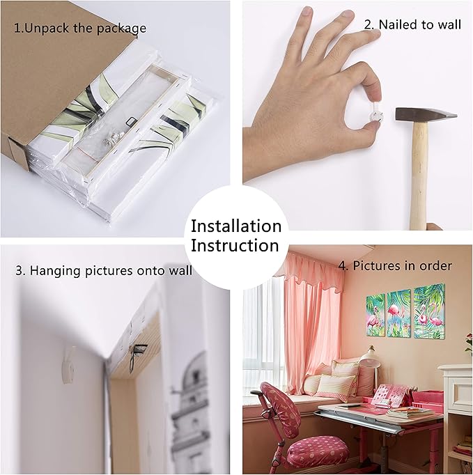 YUANAND Flamingo Wall Decor Animal Pictures - Palm Green Tropical Plant for Kids Girls Room Decor - Framed Posters Paintings Bedroom Decor