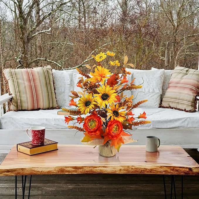 Fall Table Tree, Tabletop Artificial Fall Tree with Sunflowers Berries Maple Leaves Burlap Base Fall Decorations for Autumn Office Home Harvest Thanksgiving Party