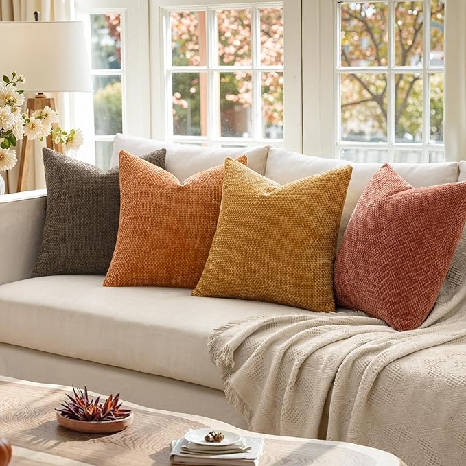MIULEE Pack of 4 Fall Orange/Yellow Couch Throw Pillow Covers 18x18 Inch Yellow Green Soft Decorative Chenille Pillows Farmhouse Accent Cushions for Boho Home Decor Spring Sofa Bedroom Living Room